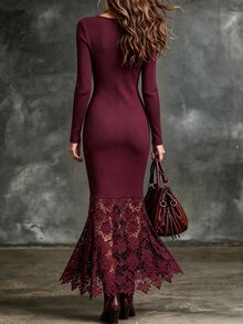 Trelyra Women's Lace Patchwork Casual Party Dress - Burgundy - View 2