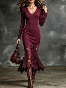 Trelyra Women's Lace Patchwork Casual Party Dress - Burgundy - View 4
