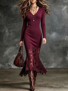 Trelyra Women's Lace Patchwork Casual Party Dress - Burgundy - View 1