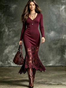 Trelyra Women's Lace Patchwork Casual Party Dress - Burgundy - View 6