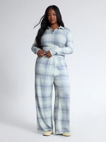 MUSERA Plus Size Check Print Low Rise Straight Leg Trouser Pants Fall Autumn Winter Women Outfit Day Outfit Casual - Multicolor - View 1