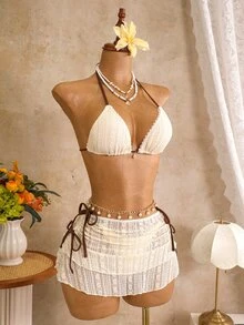 SHEIN Swim Spring/Summer Sun & Beach 2 Pieces Swimwear Set, Solid Color Textured Contrast Backless Halter Neck Skirt Swimwear For Women - Beige - View 4