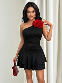 Vavine Elegant Party & Daytime Pleated Sleeveless 3D Floral Mini Dress - Multicolor - View 5