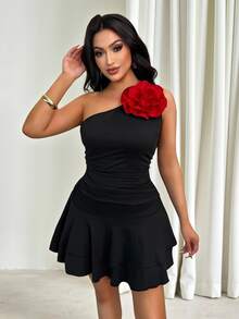 Vavine Elegant Party & Daytime Pleated Sleeveless 3D Floral Mini Dress - Multicolor - View 6