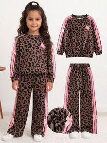 SHEIN Young Girl Leopard Print Pink Bow Sweatshirt And Pants Casual Set Kids - Multicolor - View 2
