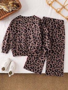 SHEIN Young Girl Leopard Print Pink Bow Sweatshirt And Pants Casual Set Kids - Multicolor - View 4