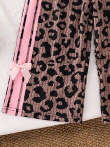 SHEIN Young Girl Leopard Print Pink Bow Sweatshirt And Pants Casual Set Kids - Multicolor - View 7