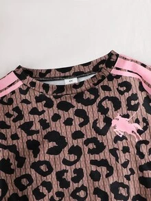 SHEIN Young Girl Leopard Print Pink Bow Sweatshirt And Pants Casual Set Kids - Multicolor - View 5