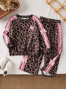 SHEIN Young Girl Leopard Print Pink Bow Sweatshirt And Pants Casual Set Kids - Multicolor - View 3