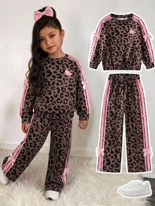 SHEIN Young Girl Leopard Print Pink Bow Sweatshirt And Pants Casual Set Kids - Multicolor - View 1