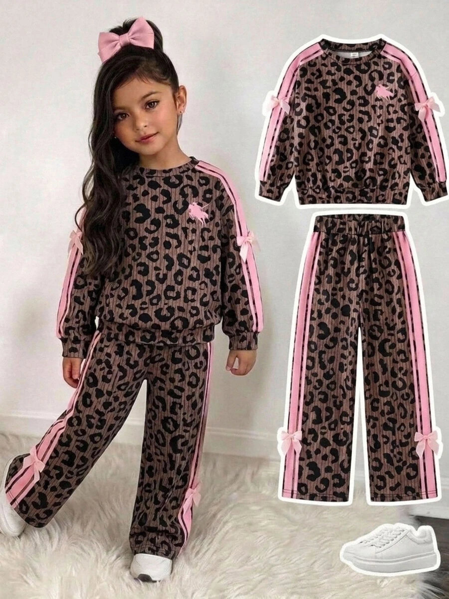 SHEIN Young Girl Leopard Print Pink Bow Sweatshirt And Pants Casual Set Kids - Multicolor - View 1