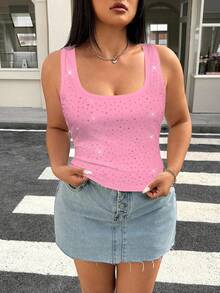 Muchica Plus Size Rhinestone Embellished Tank Top,Cerise Pink Summer 70's Night Out Club Party Elegant Bling Sparkle Y2k Crop Top Vacation Comfortable Wear - Pink - View 3