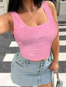 Muchica Plus Size Rhinestone Embellished Tank Top,Cerise Pink Summer 70's Night Out Club Party Elegant Bling Sparkle Y2k Crop Top Vacation Comfortable Wear - Pink - View 6