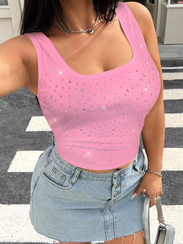 Muchica Plus Size Rhinestone Embellished Tank Top,Cerise Pink Summer 70's Night Out Club Party Elegant Bling Sparkle Y2k Crop Top Vacation Comfortable Wear - Pink - View 1