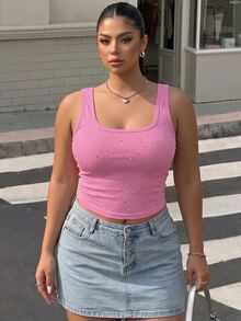 Muchica Plus Size Rhinestone Embellished Tank Top,Cerise Pink Summer 70's Night Out Club Party Elegant Bling Sparkle Y2k Crop Top Vacation Comfortable Wear - Pink - View 1