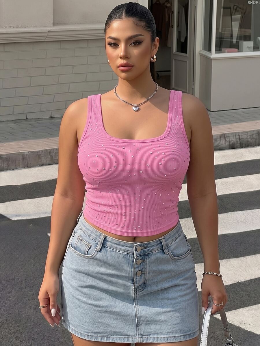 Muchica Plus Size Rhinestone Embellished Tank Top,Cerise Pink Summer 70's Night Out Club Party Elegant Bling Sparkle Y2k Crop Top Vacation Comfortable Wear - Pink - View 1