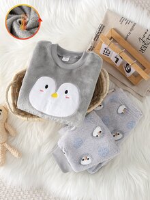 男童可愛卡通企鵝刺繡時尚休閒毛絨長袖褲子2件套居家服冬季 - 灰色 - 查看 8