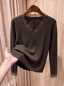 Rusticease Contrast Lace V Neck Knit Top Office Tea Party Work Dark Brown Fall Casual Elegant - Chocolate Brown - View 1