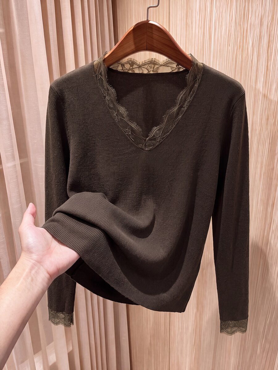 Rusticease Contrast Lace V Neck Knit Top Office Tea Party Work Dark Brown Fall Casual Elegant - Chocolate Brown - View 1