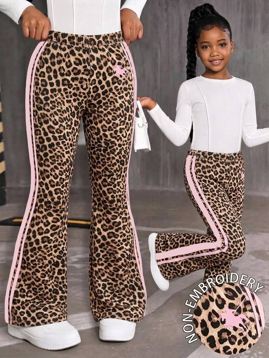 Tween Girls Fashion Leopard Print Long Pants, Halloween & Christmas Festive Side Stripe Flare Trousers Outgoing Clothing - Multicolor - View 1