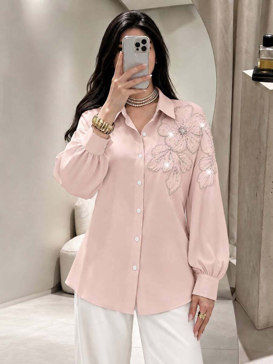 Modelyn 时尚优雅串珠花卉女士衬衫