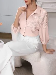 Modelyn 时尚优雅串珠花卉女士衬衫 - 粉色 - 查看 4