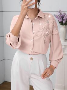 Modelyn 时尚优雅串珠花卉女士衬衫 - 粉色 - 查看 7