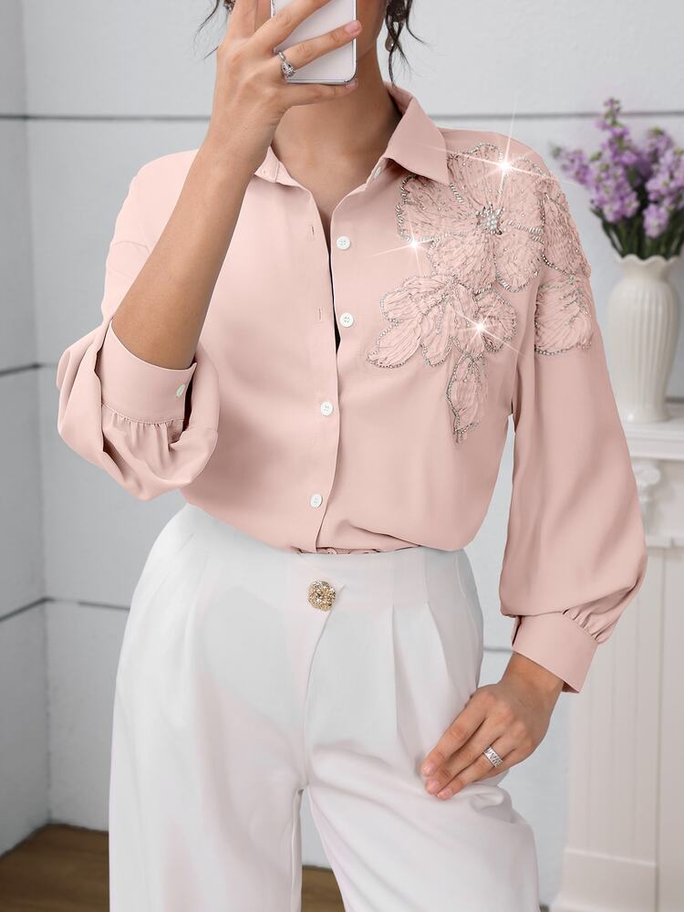 Modelyn 时尚优雅串珠花卉女士衬衫 - 粉色 - 查看 6