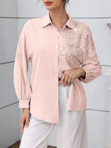 Modelyn 时尚优雅串珠花卉女士衬衫 - 粉色 - 查看 6