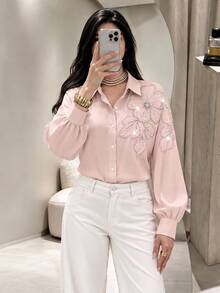 Modelyn 时尚优雅串珠花卉女士衬衫 - 粉色 - 查看 10