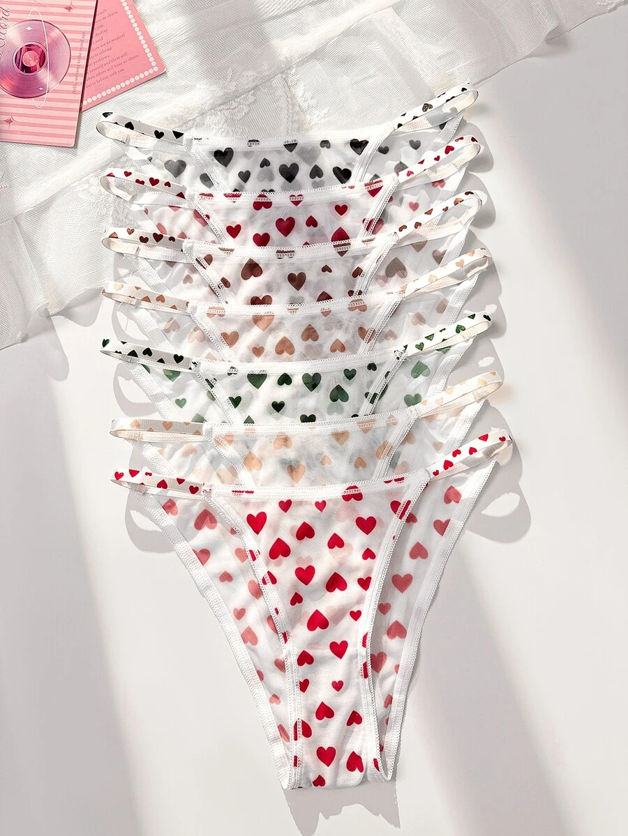 SHEIN 7pcs Black And White White Lace Orange Red And White Mesh Panties Set Cute Kawaii - Multicolor - View 1