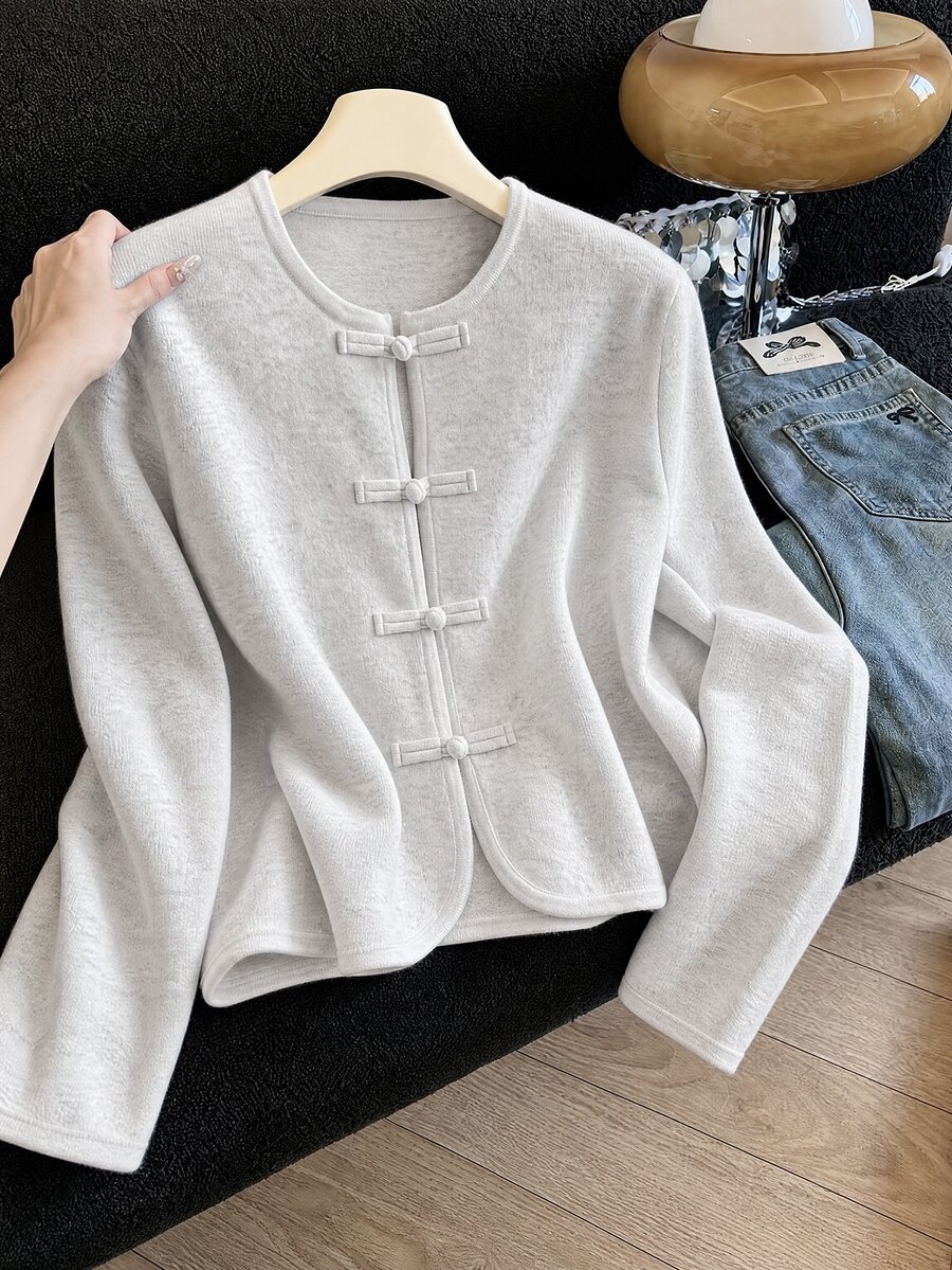 Rusticease Frog Button Front Sweater Brunch Everyday Family Office Tea Party Off-White Fall French Retro Minimalist Matching Elegant - Apricot - View 1