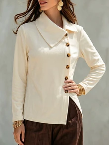 SHEIN Women's Autumn And Winter Oatmeal-Colored Base Long-Sleeve T-Shirt With Slanted Buttons And A Large Collar + Ribbed Patchwork Design With Asymmetrical - White - View 5
