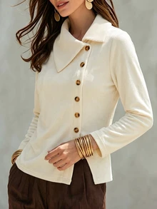 SHEIN Women's Autumn And Winter Oatmeal-Colored Base Long-Sleeve T-Shirt With Slanted Buttons And A Large Collar + Ribbed Patchwork Design With Asymmetrical - White - View 7
