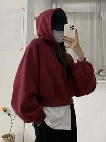 DAZY 女款純色連帽寬鬆短版衛衣 冬季 - 酒紅色 - 查看 5