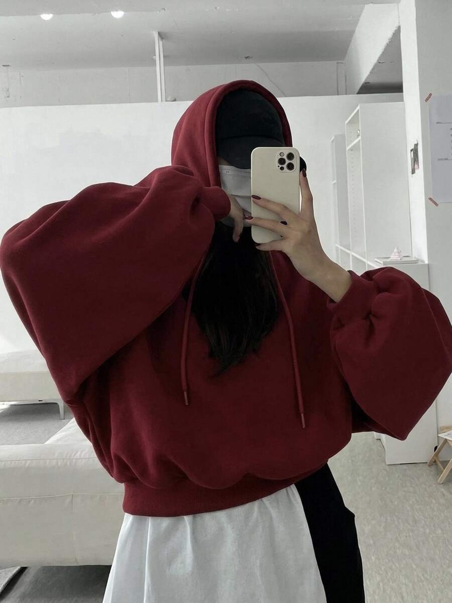 DAZY 女款純色連帽寬鬆短版衛衣 冬季 - 酒紅色 - 查看 1