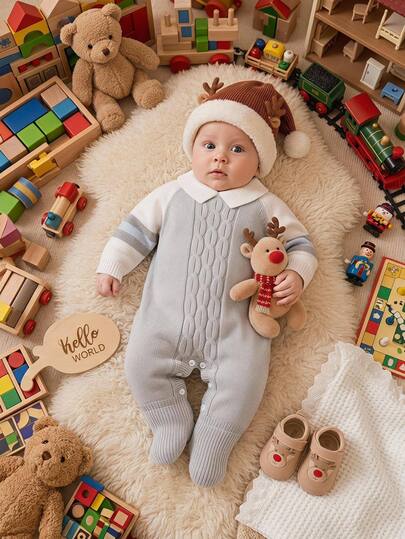 SHEIN Newborn Knit Romper, White Collared Long Sleeve Footed Baby Jumpsuit With Gray Cable Knit Front And Sleeve Stripes