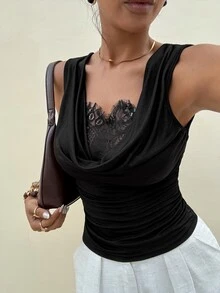 Lavishia Women's Summer Elegant Sexy Solid Color Lace Patchwork Ruffle Collar Tank Top Night Out Going Out Black - Black - View 4