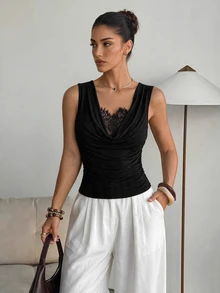 Lavishia Women's Summer Elegant Sexy Solid Color Lace Patchwork Ruffle Collar Tank Top Night Out Going Out Black - Black - View 2