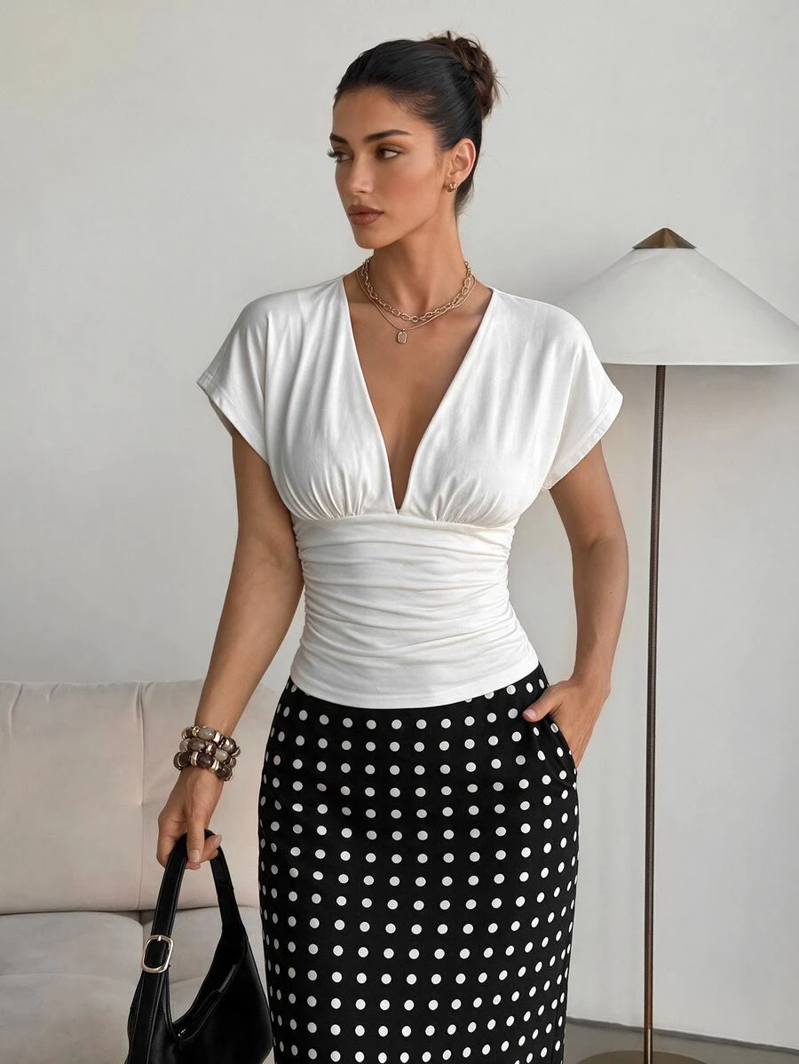 Lavishia Women's Summer V-Neck White T-Shirt Brunch Casual Elegant - White - View 1