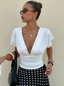 Lavishia Women's Summer V-Neck White T-Shirt Brunch Casual Elegant - White - View 4