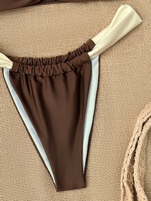 SHEIN Swim 2pcs Thick Strap Contrast Color Shiny Fabric Ruched Design Elegant Modest Holiday Bikini Swimwear Set For Women Beach Brown Summer - Multicolor - View 5