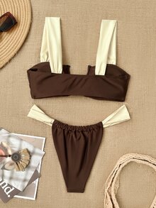 SHEIN Swim 2pcs Thick Strap Contrast Color Shiny Fabric Ruched Design Elegant Modest Holiday Bikini Swimwear Set For Women Beach Brown Summer - Multicolor - View 2