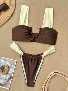 SHEIN Swim 2pcs Thick Strap Contrast Color Shiny Fabric Ruched Design Elegant Modest Holiday Bikini Swimwear Set For Women Beach Brown Summer - Multicolor - View 7