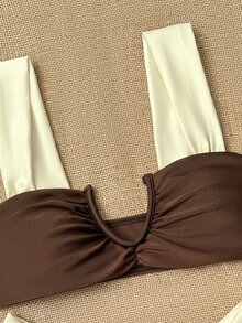 SHEIN Swim 2pcs Thick Strap Contrast Color Shiny Fabric Ruched Design Elegant Modest Holiday Bikini Swimwear Set For Women Beach Brown Summer - Multicolor - View 6
