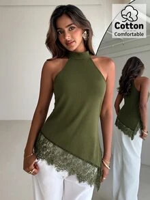 Aloruh 女款蕾絲拼接休閒性感日常穿搭掛脖上衣 夜出約會穿搭 橄欖綠 夏季 - 軍綠色 - 查看 1