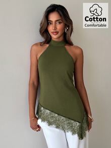Aloruh 女款蕾絲拼接休閒性感日常穿搭掛脖上衣 夜出約會穿搭 橄欖綠 夏季 - 軍綠色 - 查看 5