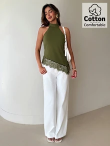 Aloruh 女款蕾絲拼接休閒性感日常穿搭掛脖上衣 夜出約會穿搭 橄欖綠 夏季 - 軍綠色 - 查看 3