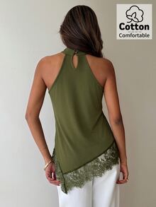 Aloruh 女款蕾絲拼接休閒性感日常穿搭掛脖上衣 夜出約會穿搭 橄欖綠 夏季 - 軍綠色 - 查看 2