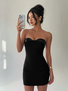 Aloruh Valentine's Day Red Patchwork Bandeau Bodycon Mini Dress For Women - Black - View 3